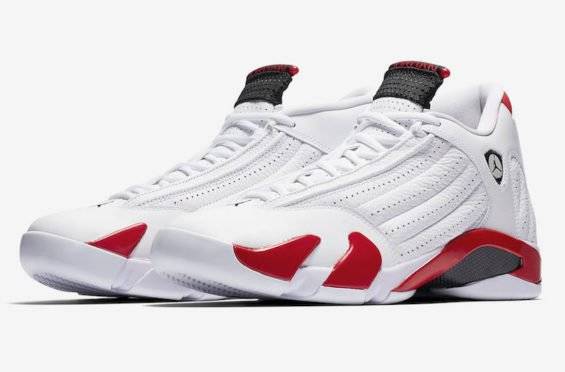 View of white, red, and black Air Jordan shoes.